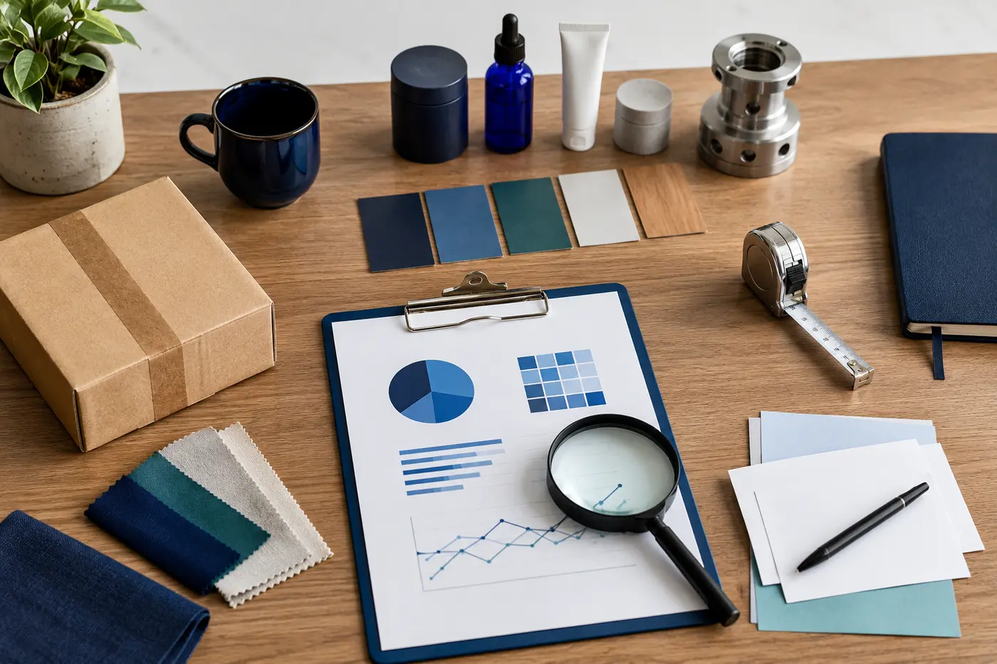 An organized workspace with a parcel, materials, measurements, and review notes